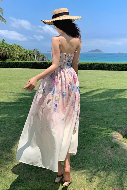 Chic Spaghetti Strap A-Line Maxi Dress Delicate Bow Floral Print Cinched-Waist Long Dress AP3337