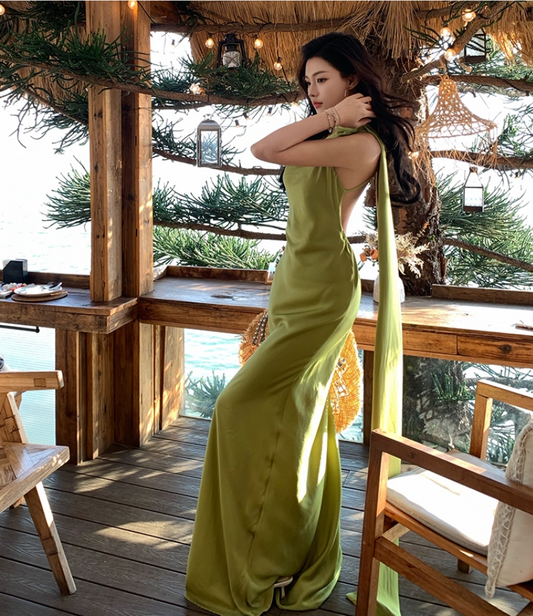 Luxurious A-Line Halter Neck Maxi Dress With Sash Fancy Backless Coastal Outfit Long Dress AP3338