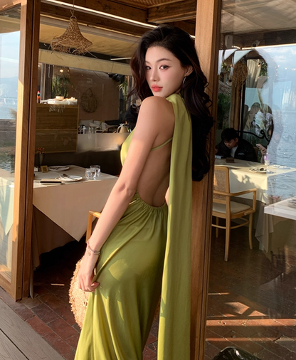 Luxurious A-Line Halter Neck Maxi Dress With Sash Fancy Backless Coastal Outfit Long Dress AP3338