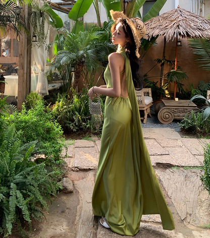 Luxurious A-Line Halter Neck Maxi Dress With Sash Fancy Backless Coastal Outfit Long Dress AP3338
