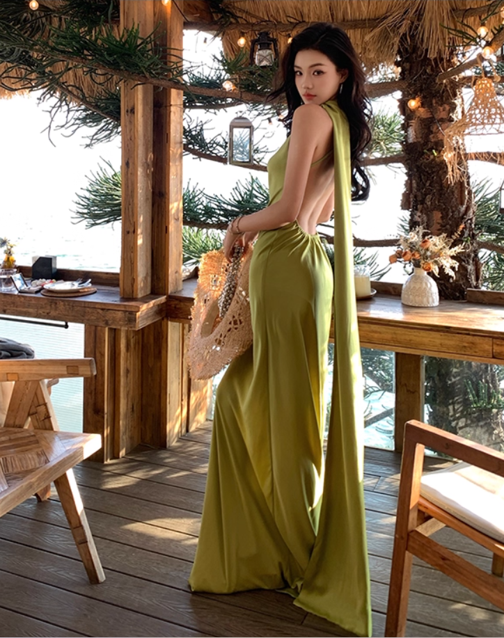 Luxurious A-Line Halter Neck Maxi Dress With Sash Fancy Backless Coastal Outfit Long Dress AP3338