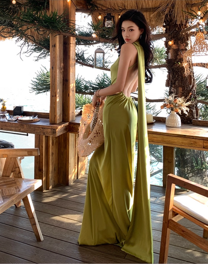Luxurious A-Line Halter Neck Maxi Dress With Sash Fancy Backless Coastal Outfit Long Dress AP3338
