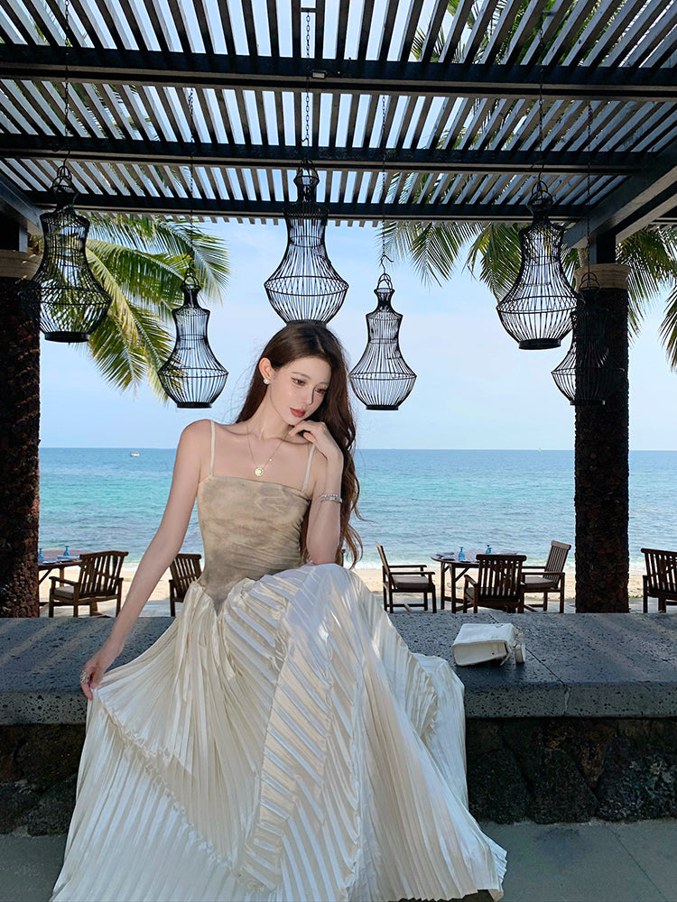 Luxury Spaghetti Strap A-Line Tie-Dye Maxi Dress Pretty Press Pleated Hem Long Dress AP3339