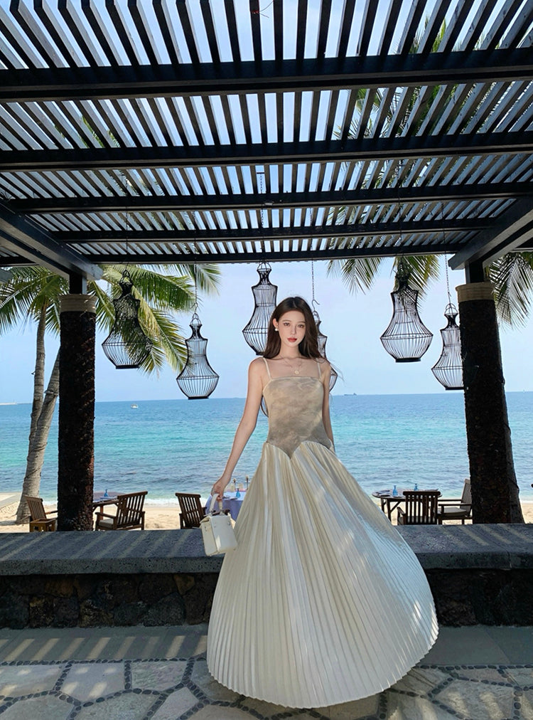 Luxury Spaghetti Strap A-Line Tie-Dye Maxi Dress Pretty Press Pleated Hem Long Dress AP3339