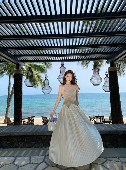 Luxury Spaghetti Strap A-Line Tie-Dye Maxi Dress Pretty Press Pleated Hem Long Dress AP3339