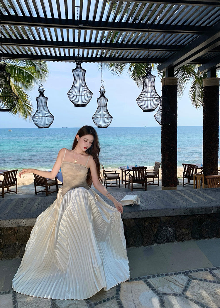 Luxury Spaghetti Strap A-Line Tie-Dye Maxi Dress Pretty Press Pleated Hem Long Dress AP3339