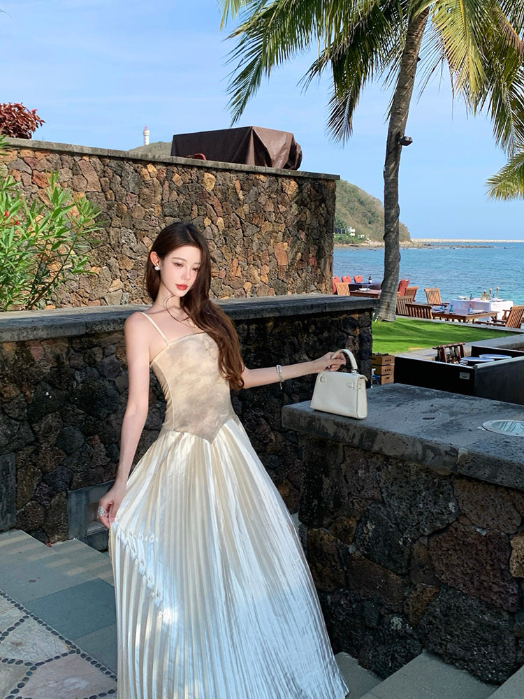 Luxury Spaghetti Strap A-Line Tie-Dye Maxi Dress Pretty Press Pleated Hem Long Dress AP3339