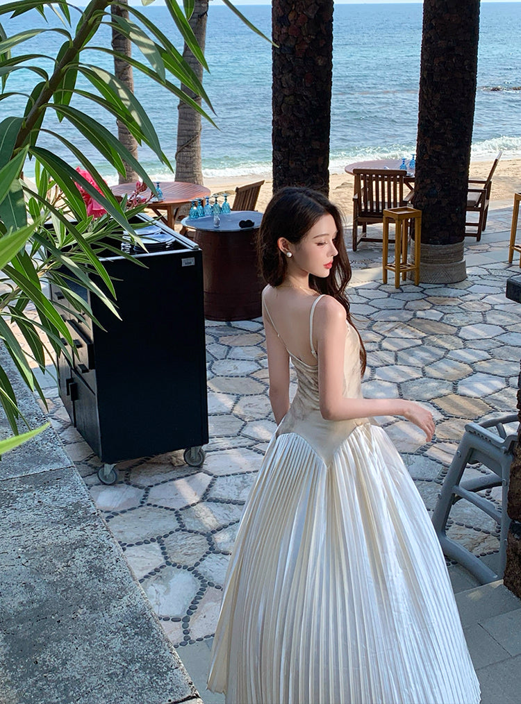 Luxury Spaghetti Strap A-Line Tie-Dye Maxi Dress Pretty Press Pleated Hem Long Dress AP3339