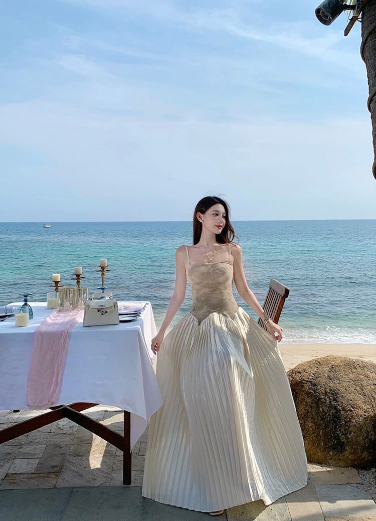 Luxury Spaghetti Strap A-Line Tie-Dye Maxi Dress Pretty Press Pleated Hem Long Dress AP3339