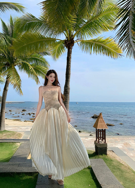 Luxury Spaghetti Strap A-Line Tie-Dye Maxi Dress Pretty Press Pleated Hem Long Dress AP3339