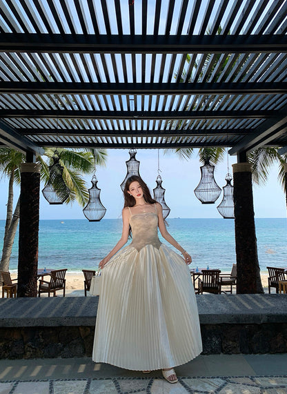 Luxury Spaghetti Strap A-Line Tie-Dye Maxi Dress Pretty Press Pleated Hem Long Dress AP3339