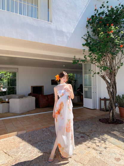 Graceful A-Line Halter Neck Slit Maxi Dress With Lining Princess  Asymmetric Hem Floral Print Long Dress AP3340