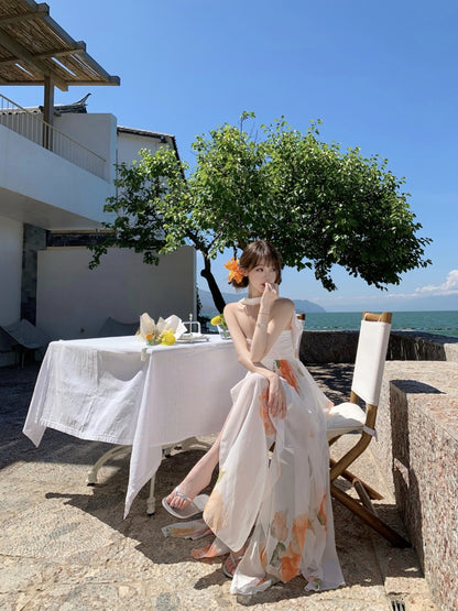 Graceful A-Line Halter Neck Slit Maxi Dress With Lining Princess  Asymmetric Hem Floral Print Long Dress AP3340