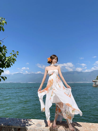 Graceful A-Line Halter Neck Slit Maxi Dress With Lining Princess  Asymmetric Hem Floral Print Long Dress AP3340