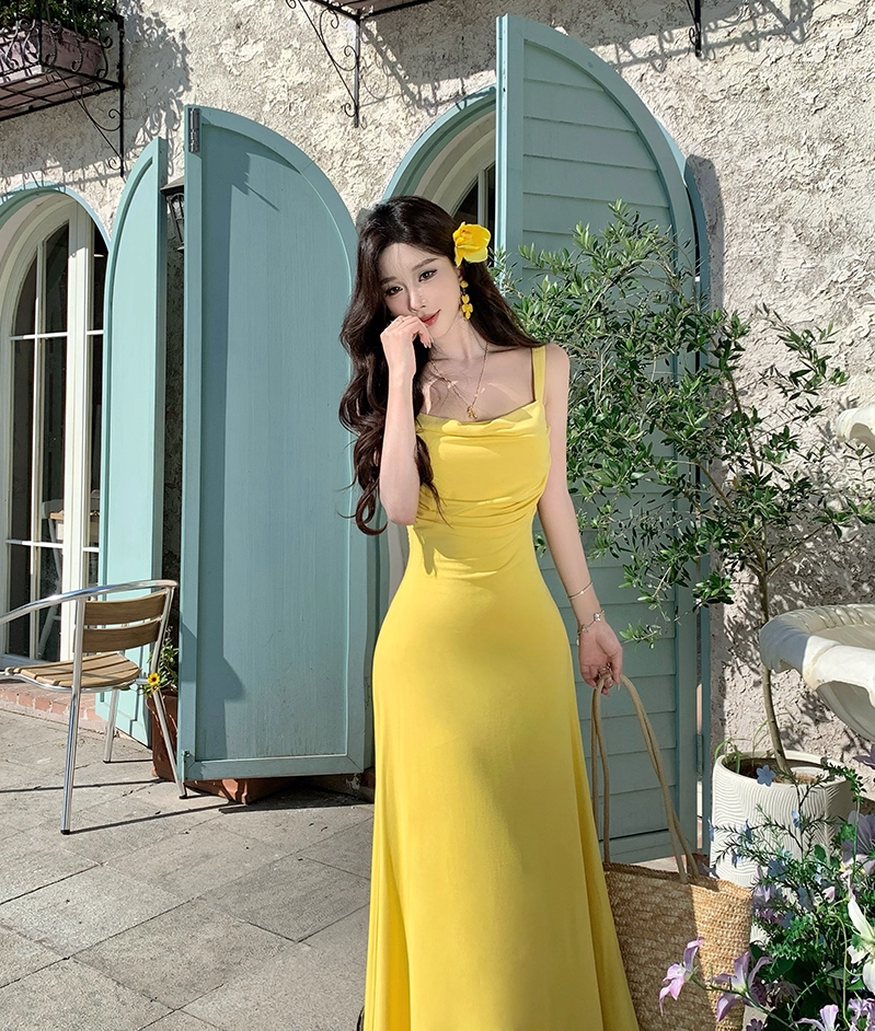Elegant Spaghetti Strap A-Line Yellow Maxi Dress Modern Ruched Neckline Flowy Seaside Outfit Long Dress AP3341