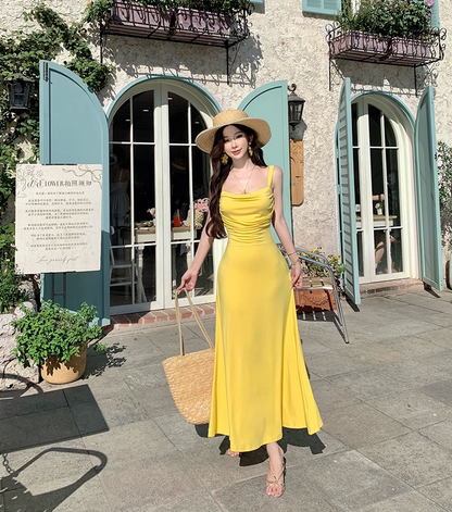 Elegant Spaghetti Strap A-Line Yellow Maxi Dress Modern Ruched Neckline Flowy Seaside Outfit Long Dress AP3341