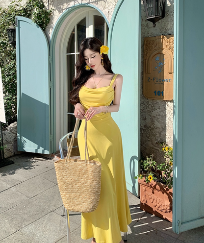 Elegant Spaghetti Strap A-Line Yellow Maxi Dress Modern Ruched Neckline Flowy Seaside Outfit Long Dress AP3341