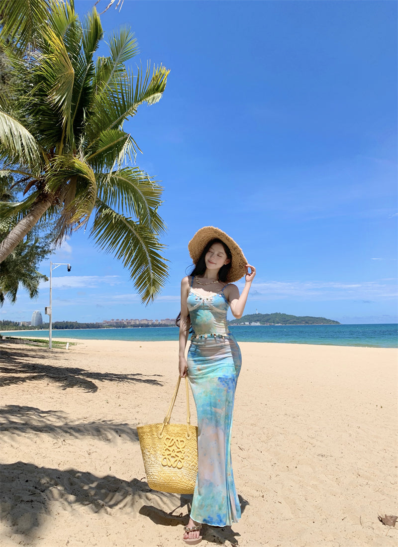 Classical Spaghetti Strap Sheath Maxi Dress Sexy Vacation Outfit Lace Trimmed Tie-Dye Long Dress AP3342
