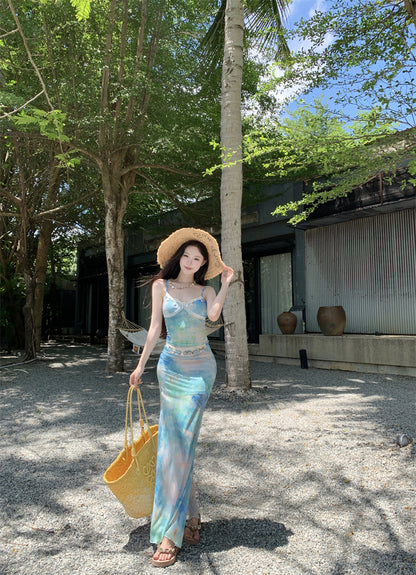 Classical Spaghetti Strap Sheath Maxi Dress Sexy Vacation Outfit Lace Trimmed Tie-Dye Long Dress AP3342