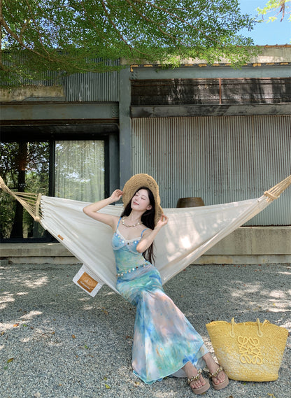 Classical Spaghetti Strap Sheath Maxi Dress Sexy Vacation Outfit Lace Trimmed Tie-Dye Long Dress AP3342