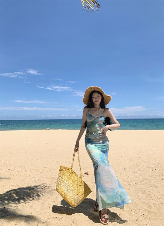 Classical Spaghetti Strap Sheath Maxi Dress Sexy Vacation Outfit Lace Trimmed Tie-Dye Long Dress AP3342