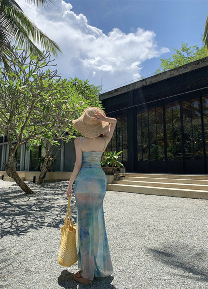 Classical Spaghetti Strap Sheath Maxi Dress Sexy Vacation Outfit Lace Trimmed Tie-Dye Long Dress AP3342