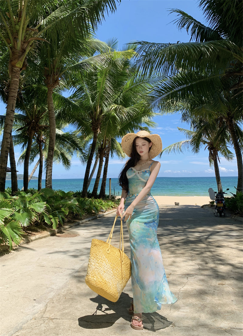 Classical Spaghetti Strap Sheath Maxi Dress Sexy Vacation Outfit Lace Trimmed Tie-Dye Long Dress AP3342