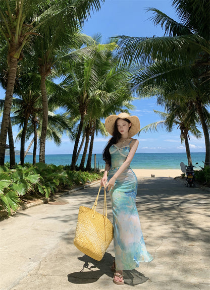 Classical Spaghetti Strap Sheath Maxi Dress Sexy Vacation Outfit Lace Trimmed Tie-Dye Long Dress AP3342