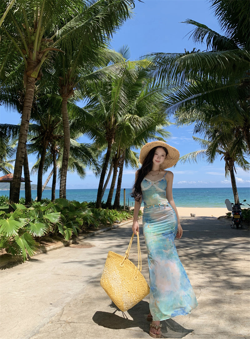 Classical Spaghetti Strap Sheath Maxi Dress Sexy Vacation Outfit Lace Trimmed Tie-Dye Long Dress AP3342