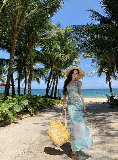 Classical Spaghetti Strap Sheath Maxi Dress Sexy Vacation Outfit Lace Trimmed Tie-Dye Long Dress AP3342