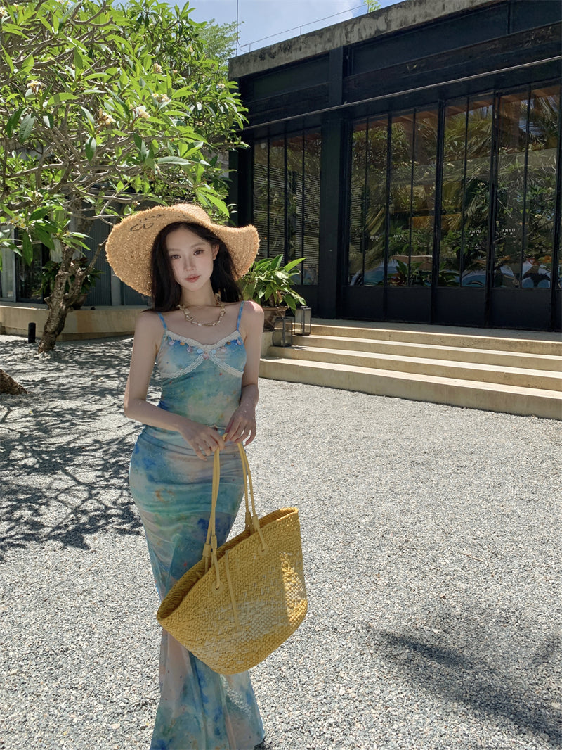 Classical Spaghetti Strap Sheath Maxi Dress Sexy Vacation Outfit Lace Trimmed Tie-Dye Long Dress AP3342