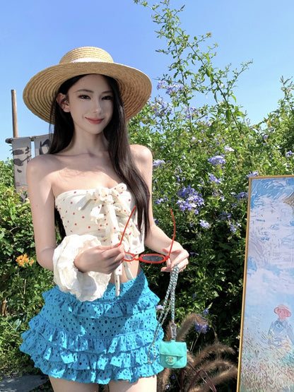 Fantastic A-Line Strapless 2-Piece Set Mini Skirt Attractive Hottie OOTD Sexy Lace Tube Top Tiered Short Dress AP3343