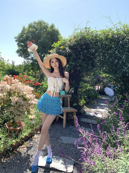 Fantastic A-Line Strapless 2-Piece Set Mini Skirt Attractive Hottie OOTD Sexy Lace Tube Top Tiered Short Dress AP3343