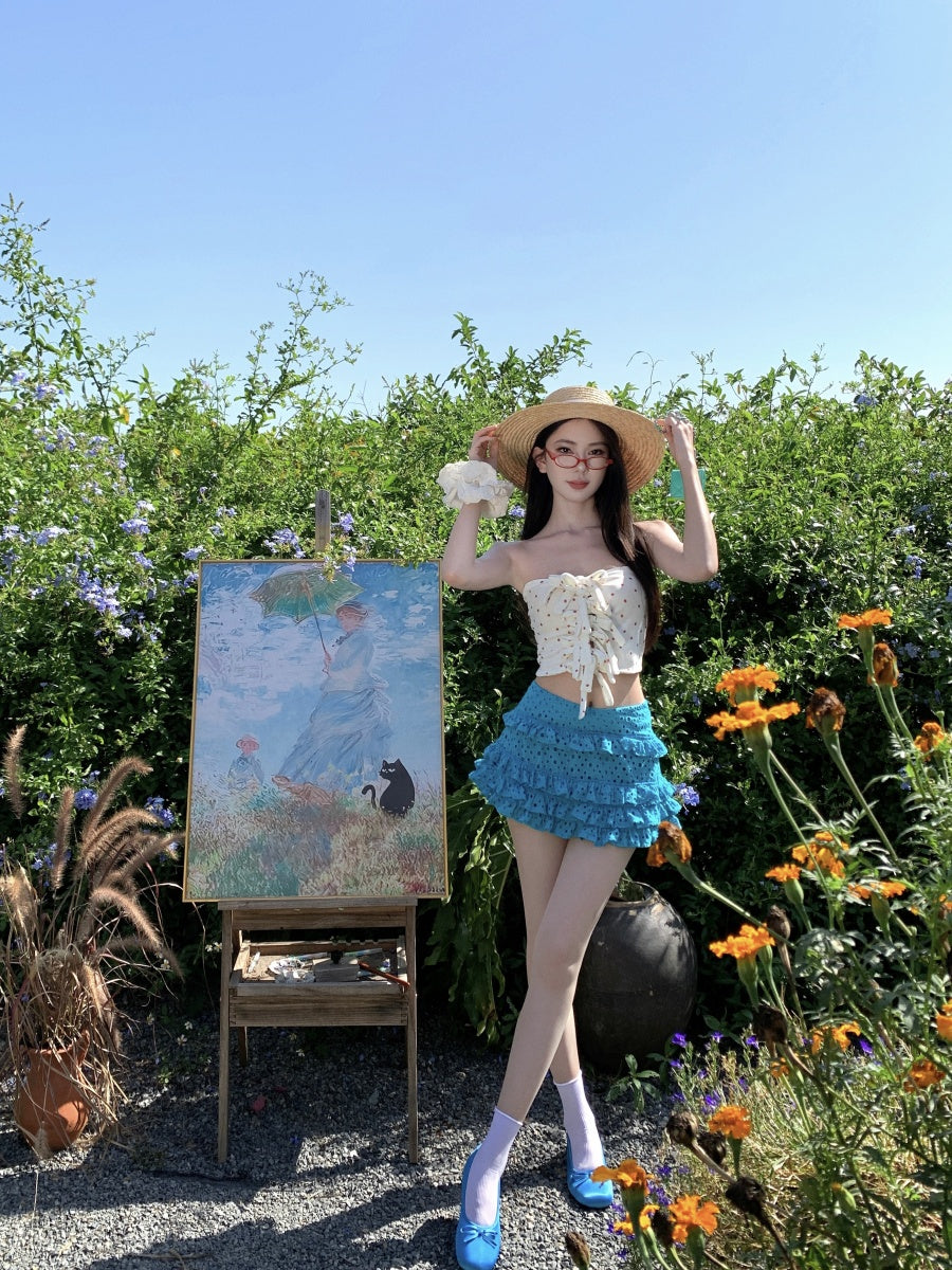 Fantastic A-Line Strapless 2-Piece Set Mini Skirt Attractive Hottie OOTD Sexy Lace Tube Top Tiered Short Dress AP3343