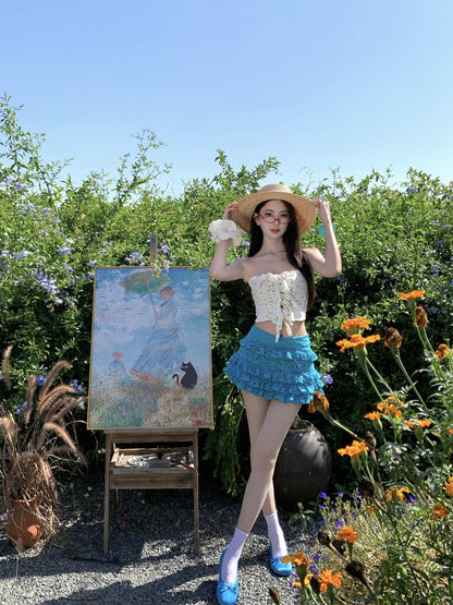 Fantastic A-Line Strapless 2-Piece Set Mini Skirt Attractive Hottie OOTD Sexy Lace Tube Top Tiered Short Dress AP3343