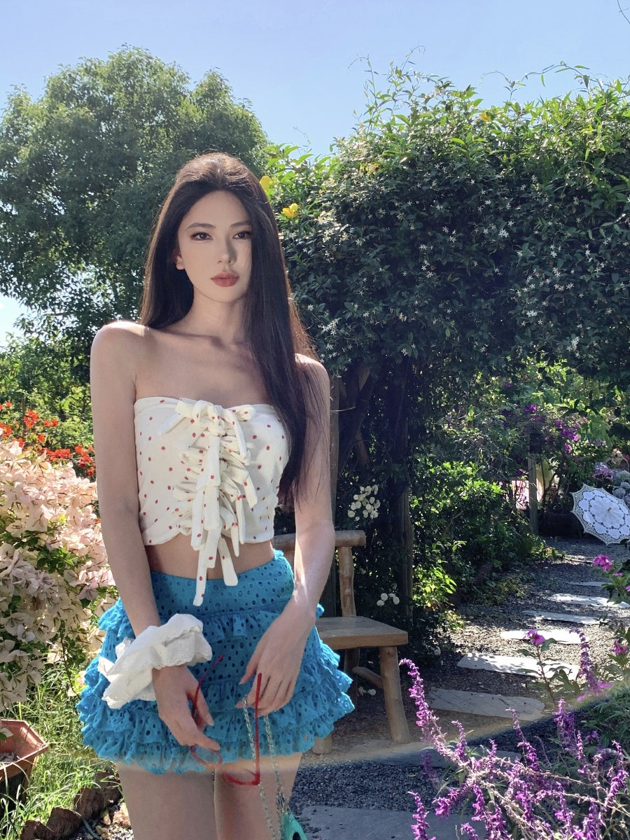 Fantastic A-Line Strapless 2-Piece Set Mini Skirt Attractive Hottie OOTD Sexy Lace Tube Top Tiered Short Dress AP3343