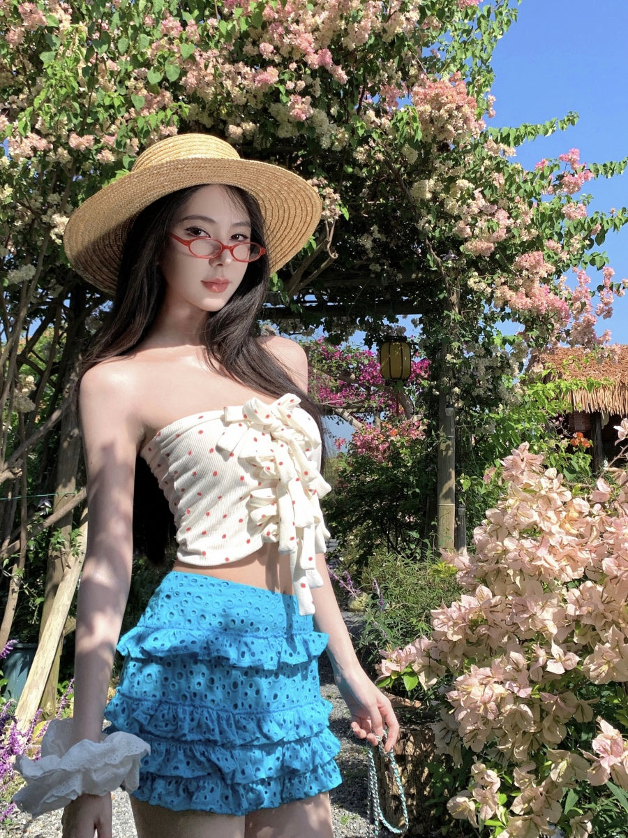 Fantastic A-Line Strapless 2-Piece Set Mini Skirt Attractive Hottie OOTD Sexy Lace Tube Top Tiered Short Dress AP3343