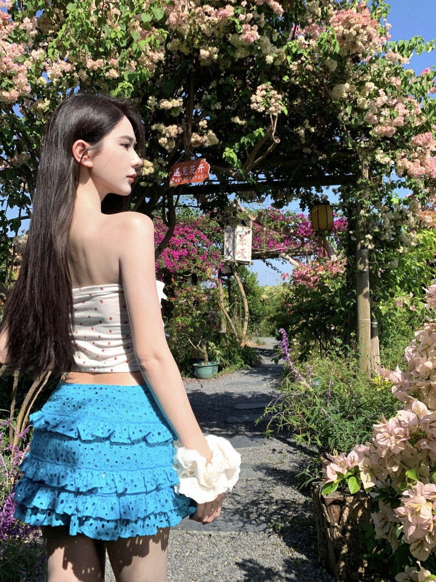 Fantastic A-Line Strapless 2-Piece Set Mini Skirt Attractive Hottie OOTD Sexy Lace Tube Top Tiered Short Dress AP3343