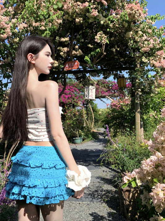 Fantastic A-Line Strapless 2-Piece Set Mini Skirt Attractive Hottie OOTD Sexy Lace Tube Top Tiered Short Dress AP3343