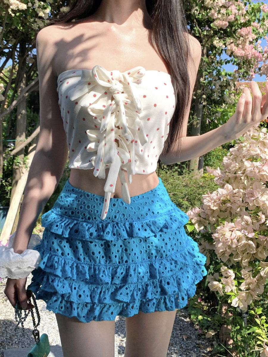 Fantastic A-Line Strapless 2-Piece Set Mini Skirt Attractive Hottie OOTD Sexy Lace Tube Top Tiered Short Dress AP3343