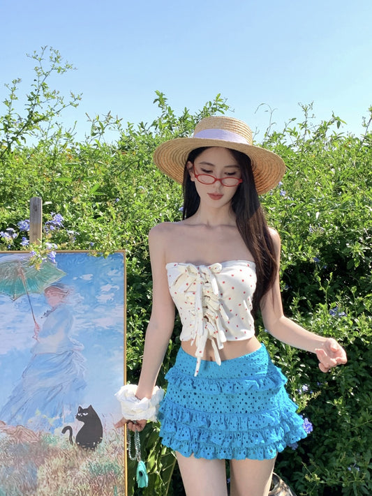 Fantastic A-Line Strapless 2-Piece Set Mini Skirt Attractive Hottie OOTD Sexy Lace Tube Top Tiered Short Dress AP3343