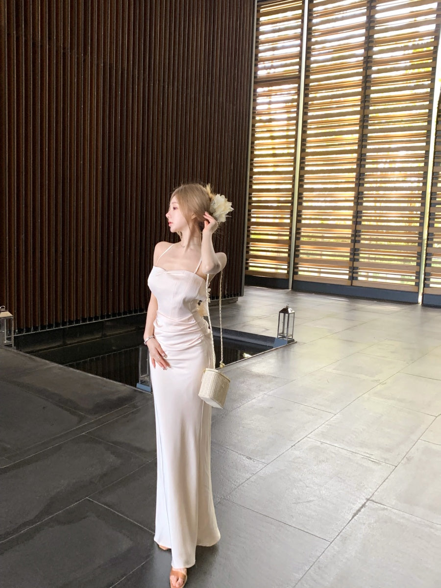 Sweet Spaghetti Strap Sheath Crisscross Back Maxi Dress Trendy 3D Floral Trimmed Sheen Fabric Long Dress AP3344