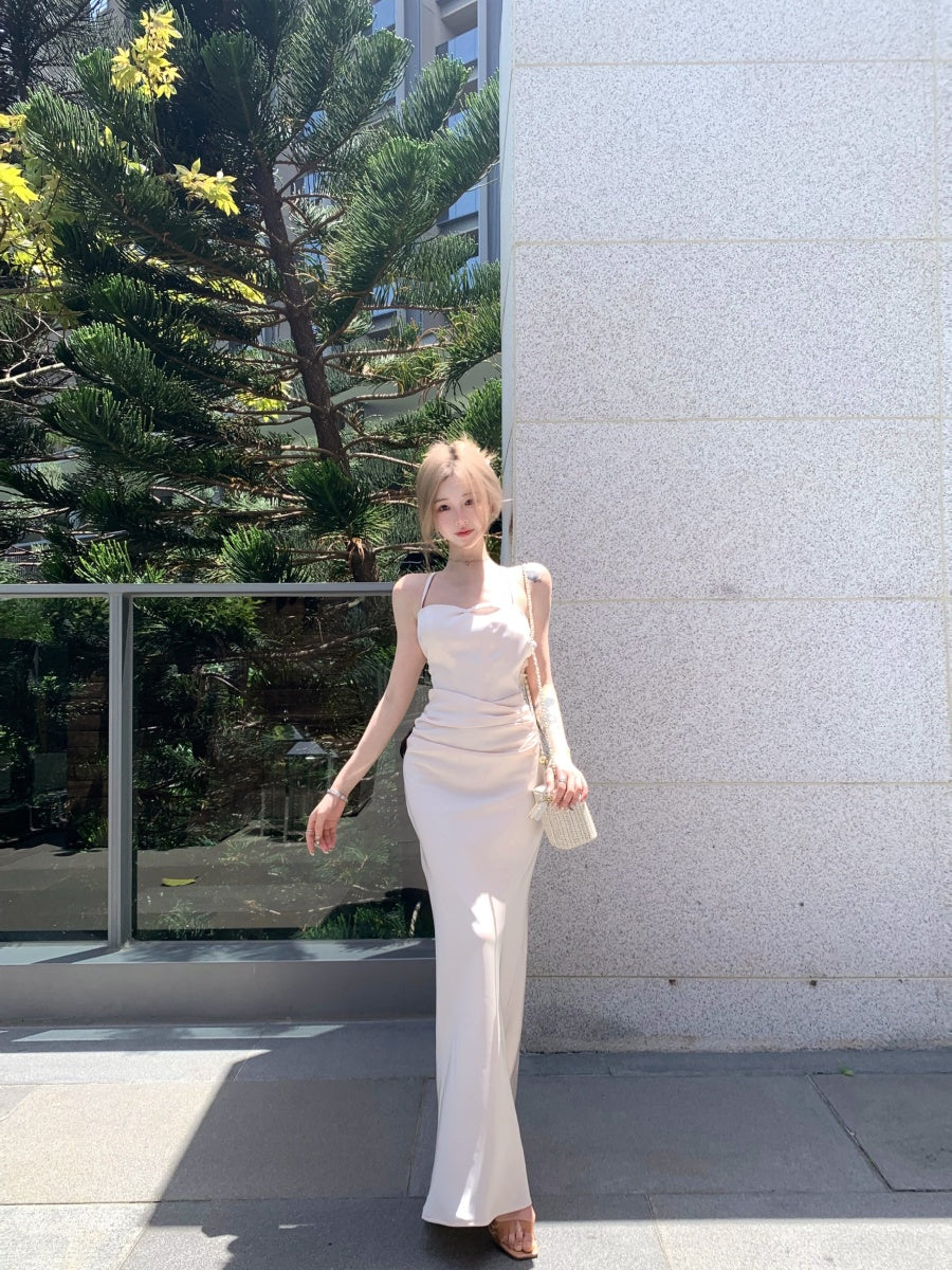 Sweet Spaghetti Strap Sheath Crisscross Back Maxi Dress Trendy 3D Floral Trimmed Sheen Fabric Long Dress AP3344