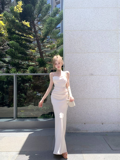 Sweet Spaghetti Strap Sheath Crisscross Back Maxi Dress Trendy 3D Floral Trimmed Sheen Fabric Long Dress AP3344