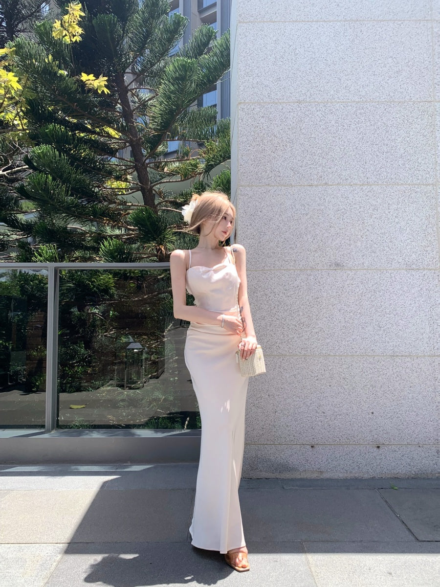 Sweet Spaghetti Strap Sheath Crisscross Back Maxi Dress Trendy 3D Floral Trimmed Sheen Fabric Long Dress AP3344