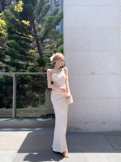 Sweet Spaghetti Strap Sheath Crisscross Back Maxi Dress Trendy 3D Floral Trimmed Sheen Fabric Long Dress AP3344