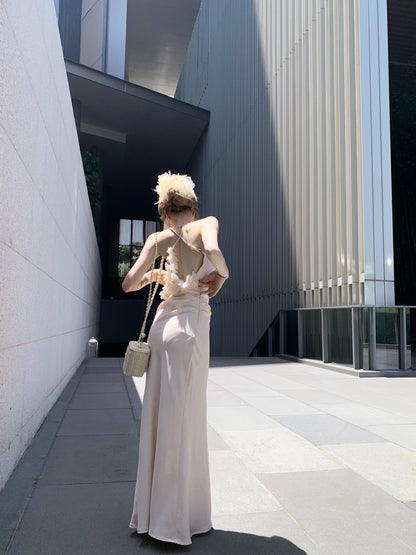 Sweet Spaghetti Strap Sheath Crisscross Back Maxi Dress Trendy 3D Floral Trimmed Sheen Fabric Long Dress AP3344