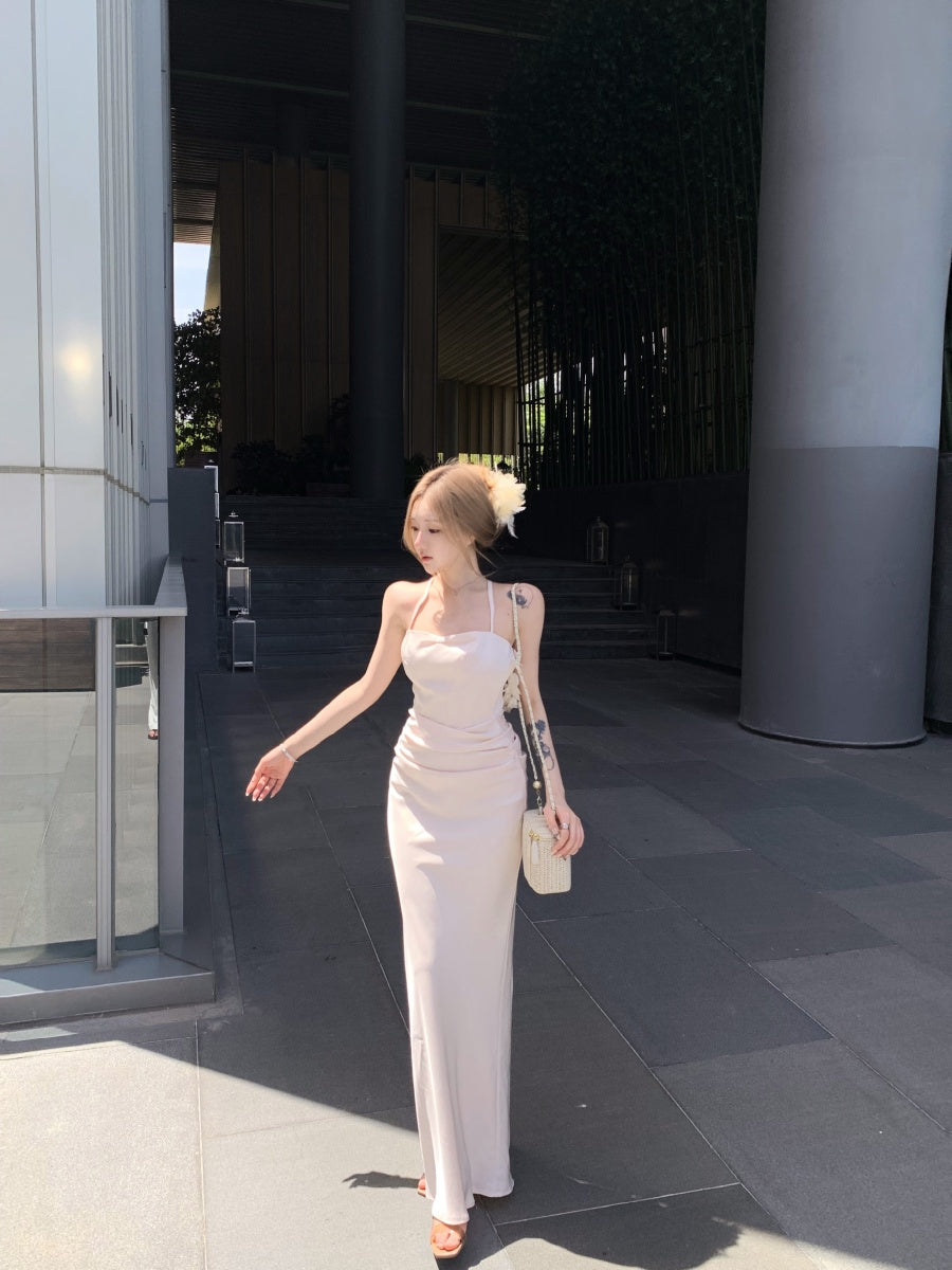 Sweet Spaghetti Strap Sheath Crisscross Back Maxi Dress Trendy 3D Floral Trimmed Sheen Fabric Long Dress AP3344