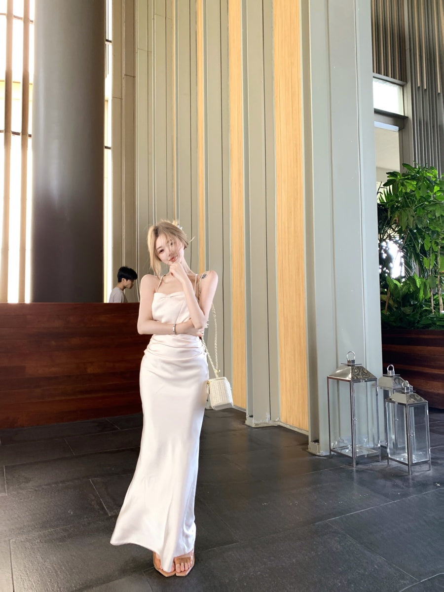 Sweet Spaghetti Strap Sheath Crisscross Back Maxi Dress Trendy 3D Floral Trimmed Sheen Fabric Long Dress AP3344