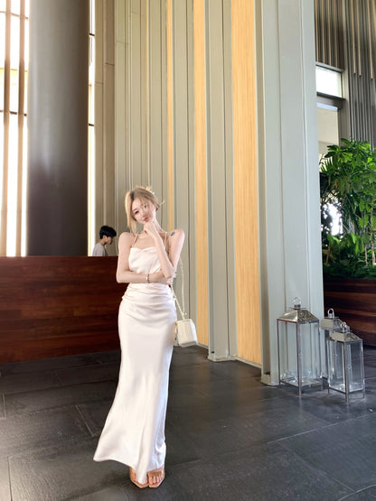 Sweet Spaghetti Strap Sheath Crisscross Back Maxi Dress Trendy 3D Floral Trimmed Sheen Fabric Long Dress AP3344